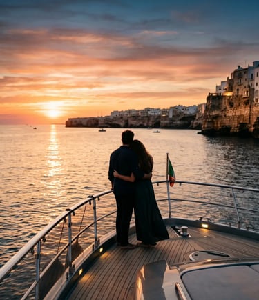 Couple embracing on yacht bow watching sunset over Polignano a Mare cliffs and Adriatic Sea
