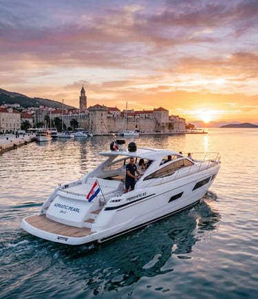 Luxury speedboat Adriatic Pearl docked in Split harbor at sunset with Diocletian Palace in background
