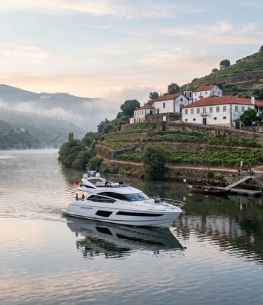 Estrela do Douro yacht docked near historic Portuguese quinta on misty morning Douro River cruise