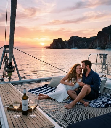 Couple enjoying wine at sunset on the front net of a catamaran near Milos coastline.