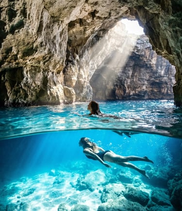 Swimmers in crystal turquoise water of a secret sea cave between Monopoli and Polignano a Mare
