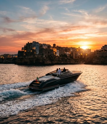 Luxury private boat Azzurro Vita cruising at sunset in front of Polignano a Mare old town cliffs