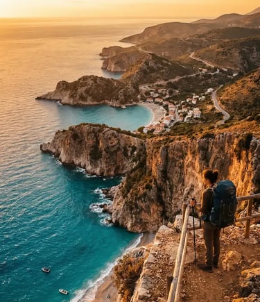 Hiker with backpack standing on a cliff overlooking turquoise Albanian Riviera coastline at sunset