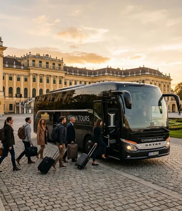 Travelers boarding Vienna Tours coach bus at Schönbrunn Palace golden hour