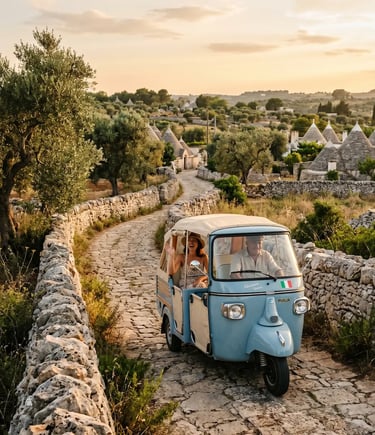 Vintage blue Ape Calessino driving narrow stone road surrounded by trulli Puglia