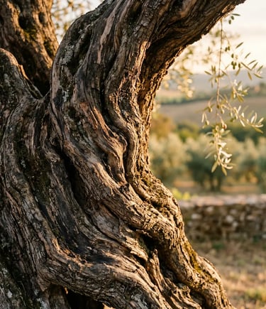 Close-up of centuries-old twisted olive tree trunk with soft-focus grove and hills behind