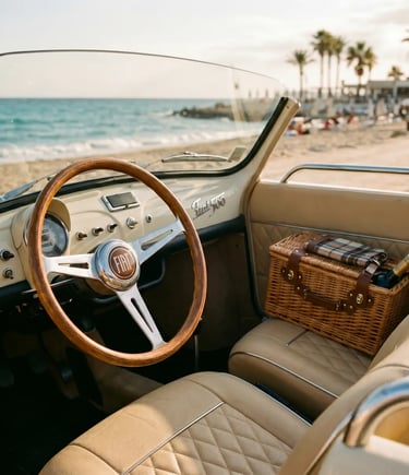 Vintage Fiat 500 interior with wooden steering wheel, cream leather seats and wicker picnic basket