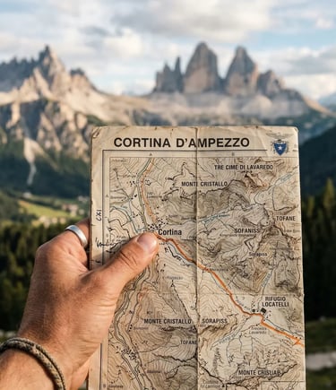 Hand holding Cortina d'Ampezzo map with Tre Cime peaks blurred in background
