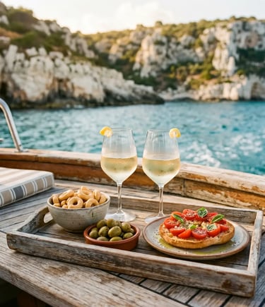 White wine, taralli, olives and frisella aperitif on wooden boat deck in Salento, Puglia