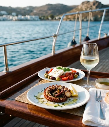 Couple lounging on premium boat deck with calm open Aegean Sea horizon Milos Cyclades Greece
