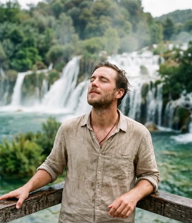 Man in linen shirt standing at Krka waterfall viewpoint with eyes closed, mist on face