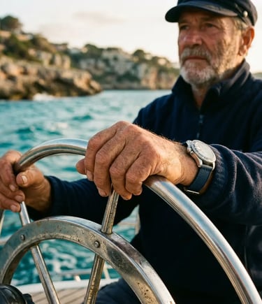 Experienced skipper gripping steel helm with Sardinian coastline in the background