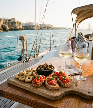 Bruschetta, taralli, olives and white wine on sailboat deck, Polignano cliffs behind