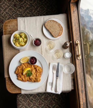 Overhead view of Wiener Schnitzel with white wine served in carriage