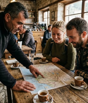 Local Albanian guide pointing at map with two tourists over espresso in stone café