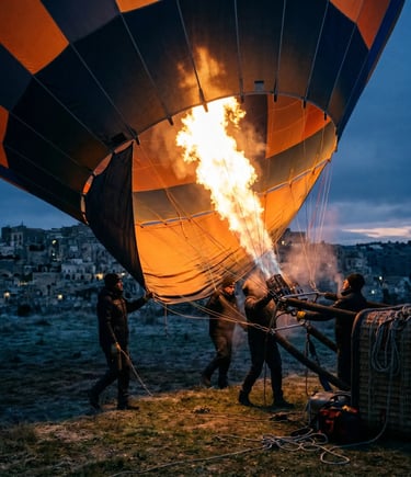  Crew inflating hot air balloon with burner flame at blue hour before sunrise flight in Matera Italy