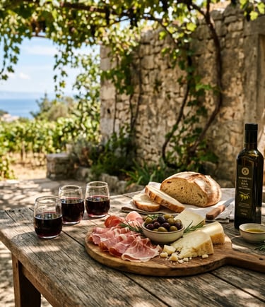 Colnago Winery tasting on Šolta with red wine, Dalmatian prosciutto, cheese, olives and olive oil