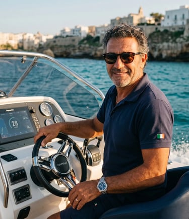 Professional Italian captain steering brand new private boat along Polignano a Mare coast