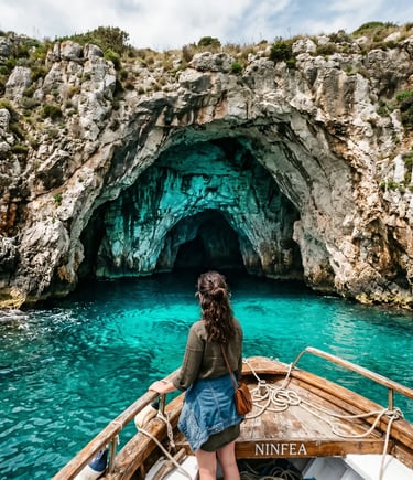 Woman on wooden boat approaching turquoise sea cave on Salento coast, Puglia Italy