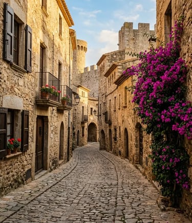 Cobblestone street inside Vila Vella walled old town in Tossa de Mar Costa Brava