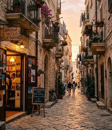 Golden hour cobblestone street in Bari Vecchia with bookstore entrance and wine tasting sign