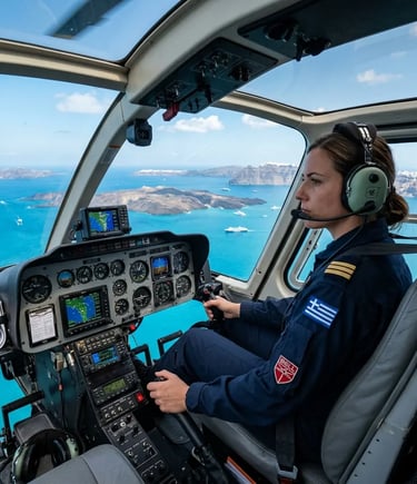Professional pilot cockpit view during private helicopter flight over Santorini caldera