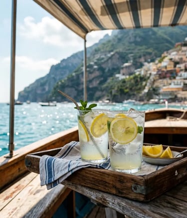 Fresh lemon drinks on wooden tray aboard boat with Amalfi Coast cliffs behind