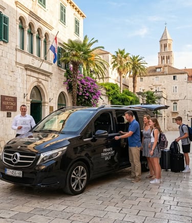 American family boarding private air-conditioned minivan at Split hotel for Ston and Pelješac tour