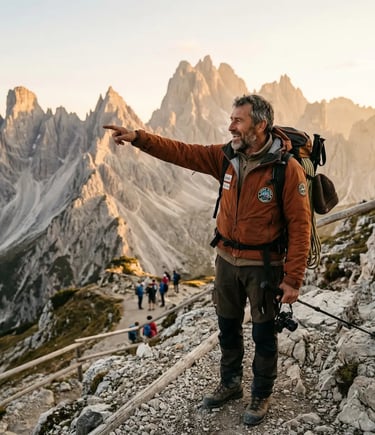 Experienced Dolomites mountain guide pointing toward rocky peaks at sunset