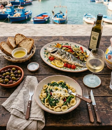 Orecchiette pasta, grilled fish, olives and white wine on wooden table by Puglia harbor