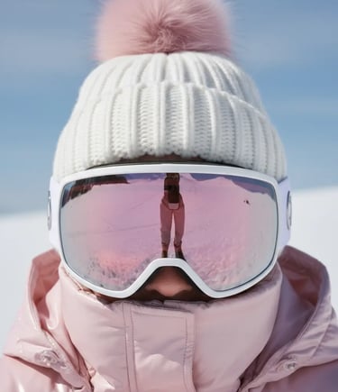 Close-up of a chic pink ski outfit featuring a white beanie with a pink pom-pom and rose-tinted refl