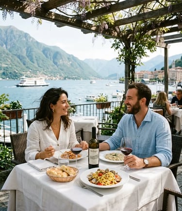 Couple enjoying Italian lunch at waterfront restaurant in Bellagio overlooking Lake Como