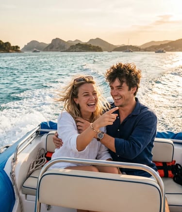 Happy couple laughing on speedboat tour in Croatia, Adriatic Sea at golden hour