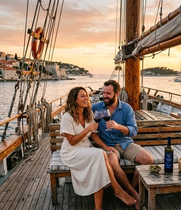 Couple enjoying Croatian red wine on a historic wooden sailing ship at sunset