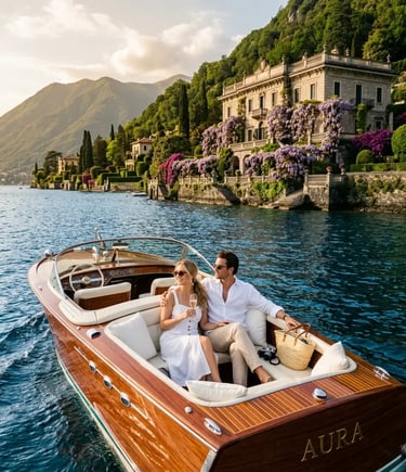 Couple enjoying private wooden boat tour past historic villa on Lake Como at sunset