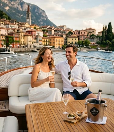Couple enjoying prosecco on cushioned boat seating with Varenna waterfront behind