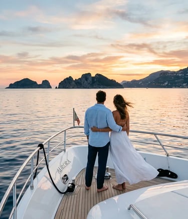 Couple standing at the bow of a luxury yacht watching sunset over Li Galli islands