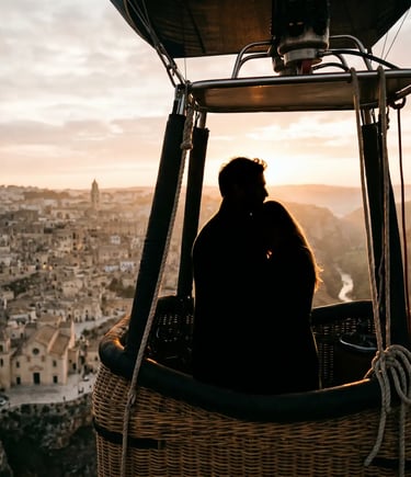 Couple silhouette embracing in balloon basket above Matera Sassi at golden sunrise light