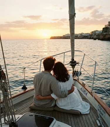 Couple sitting on boat bow watching sunset over Polignano a Mare coastline, Puglia