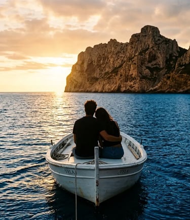 Couple sitting on dinghy bow facing Capo Teulada cliffs at golden hour