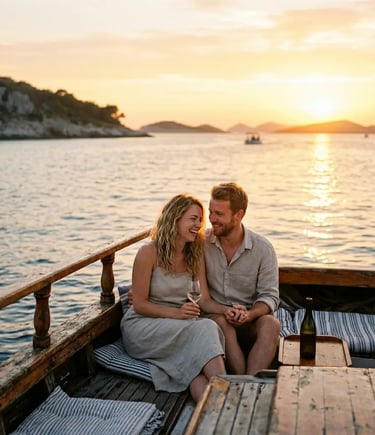 Romantic couple enjoying wine on wooden sailboat during golden sunset sail off Hvar Croatia
