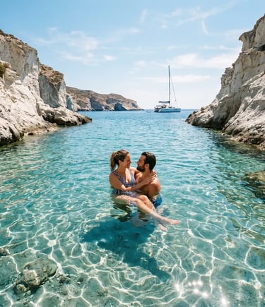 Couple embracing in crystal-clear turquoise water of secluded Milos cove with catamaran behind.