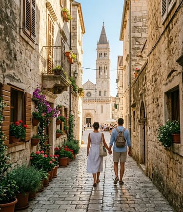 Couple walking through stone alley toward cathedral square in Trogir old town Croatia