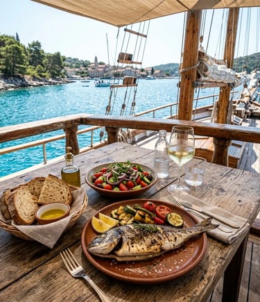 Locally sourced grilled fish lunch with salad and wine served on gulet deck Croatia