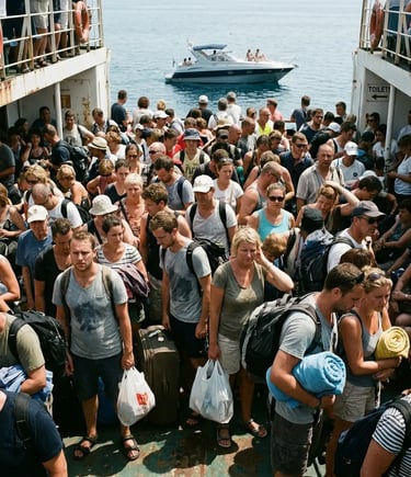 Crowded ferry deck packed with tourists while a small private boat passes nearby