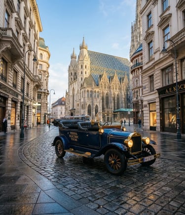 Navy blue vintage electric tour car parked on wet Vienna cobblestones, cathedral background