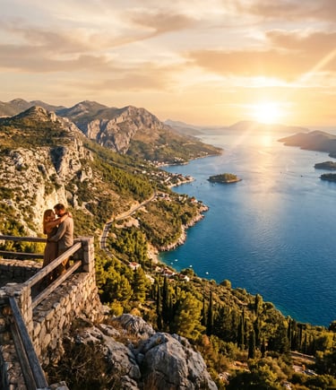 Couple embracing at scenic sunset viewpoint over Adriatic coastline during private Croatia tour