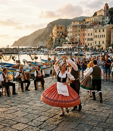 Traditional Tarantella dancers performing on a stone waterfront in an Italian fishing village