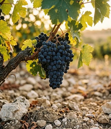 Dark Primitivo grape cluster on vine above limestone soil in Puglia vineyard at golden hour