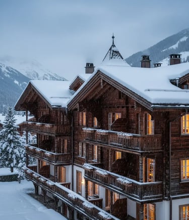 Close-up of a traditional Swiss wooden chalet-style hotel covered in snow, with warm light glowing f
